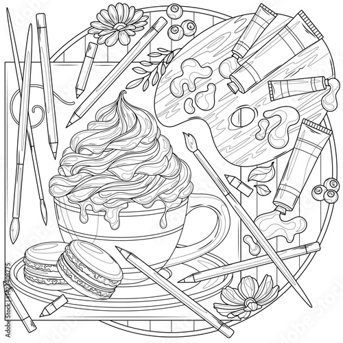Drawing and art supplies.Coloring book antistress for children and adults. 