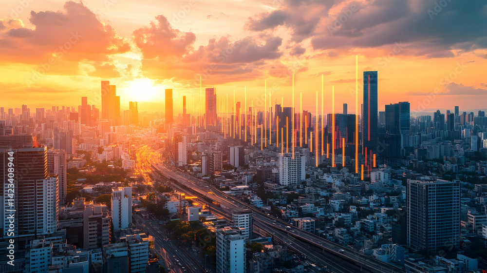 Fototapeta premium Orange and Yellow Sunset Over a City Skyline