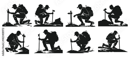 Hiker silhouette crouching by a trail marker. Vector Illustration
