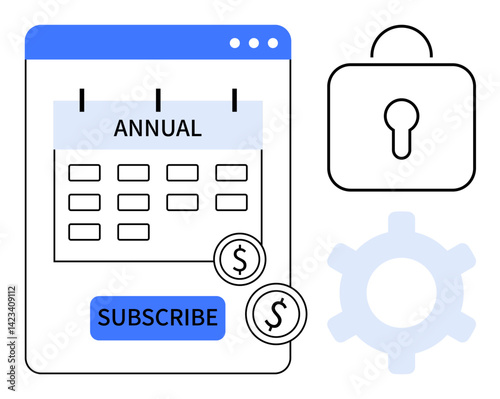 Annual subscription calendar with a subscribe button, dollar coins, a lock for security, and a gear for settings. Ideal for payment plans, financial management, security, service subscriptions