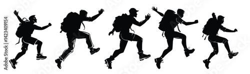 Hiker jumping between rocks silhouette vector illustration