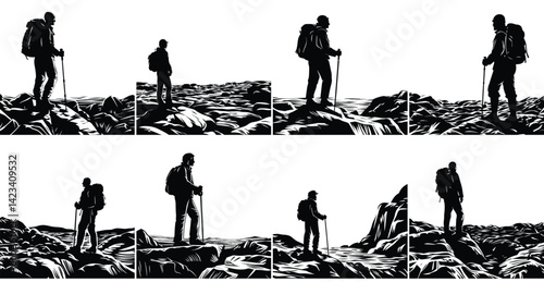 Hiker silhouette on a rocky terrain vector illustration