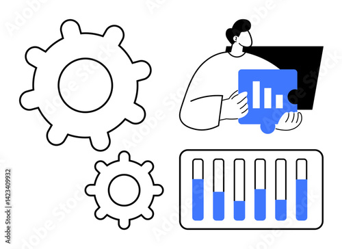 Gear mechanisms, bar charts, and a puzzle piece highlight cooperation, strategic solutions, system optimization, and analytics. Ideal for business, teamwork, analytics strategy technology process