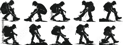 Silhouette of a hiker adjusting their bootlaces vector illustration