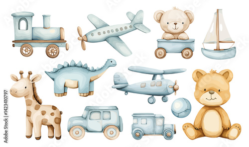boy toy set watercolor. blue train car airplane boat dinosaur brown giraffe teddy bear ball, kids small childhood cute gentle hand drawn design element object vector illustration
