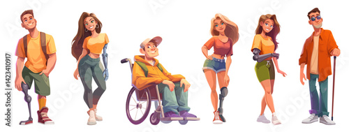 Characters with disability cartoon set. Young man girl blind with robotic prosthesis arm leg wheelchair vector illustration