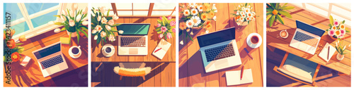 desktop near the window. open laptop on wooden table with flowers top view background cartoon set, computer spring summer rustic rural coffee notepad tulips daisies workplace remote work freelance