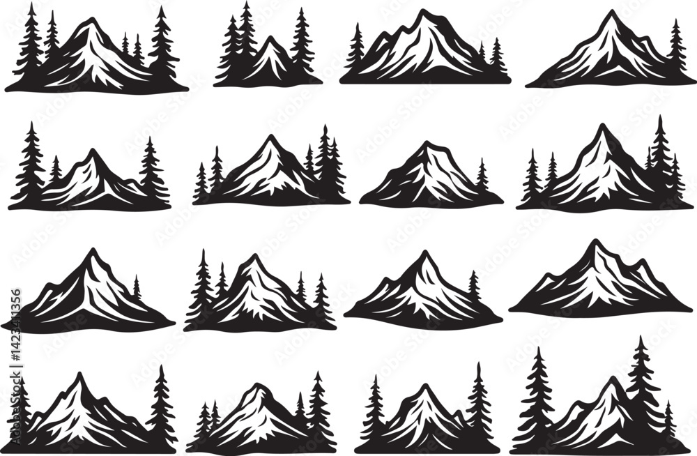 Obraz premium Adventure Mountain Biking Silhouettes with Pine Forest and Alpine Scenery