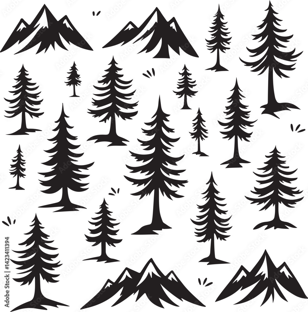 Obraz premium Adventure Mountain Biking Silhouettes with Pine Forest and Alpine Scenery