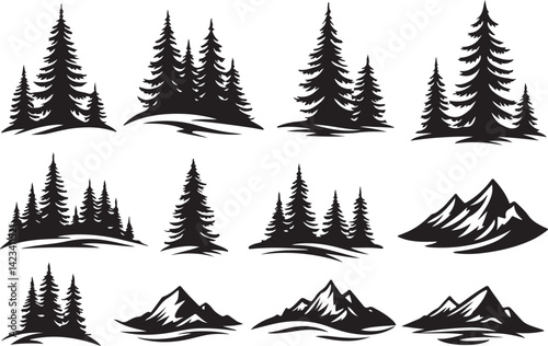 Adventure Mountain Biking Silhouettes with Pine Forest and Alpine Scenery