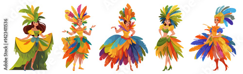 girls in carnival costumes. woman dress with feathers, costume girl dancer bird feather festival parade bright multicolored brazil holiday vector illustration