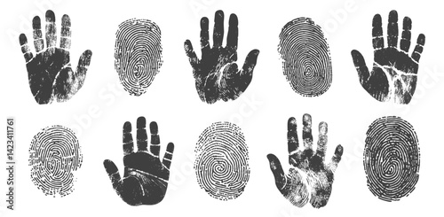 handprints engraving set. handprint finger, black trace paint powder investigation crime detective police evidence crime imprint design element vector illustration