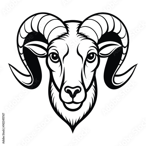 Black and white stylized illustration of a ram's head Logo or silhouette