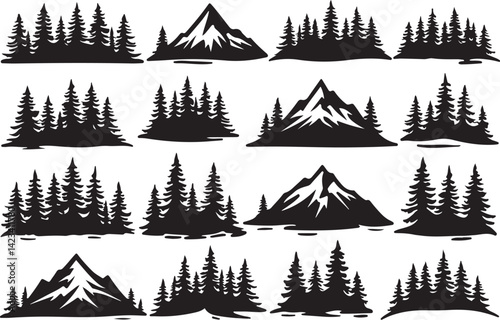 Adventure Mountain Biking Silhouettes with Pine Forest and Alpine Scenery