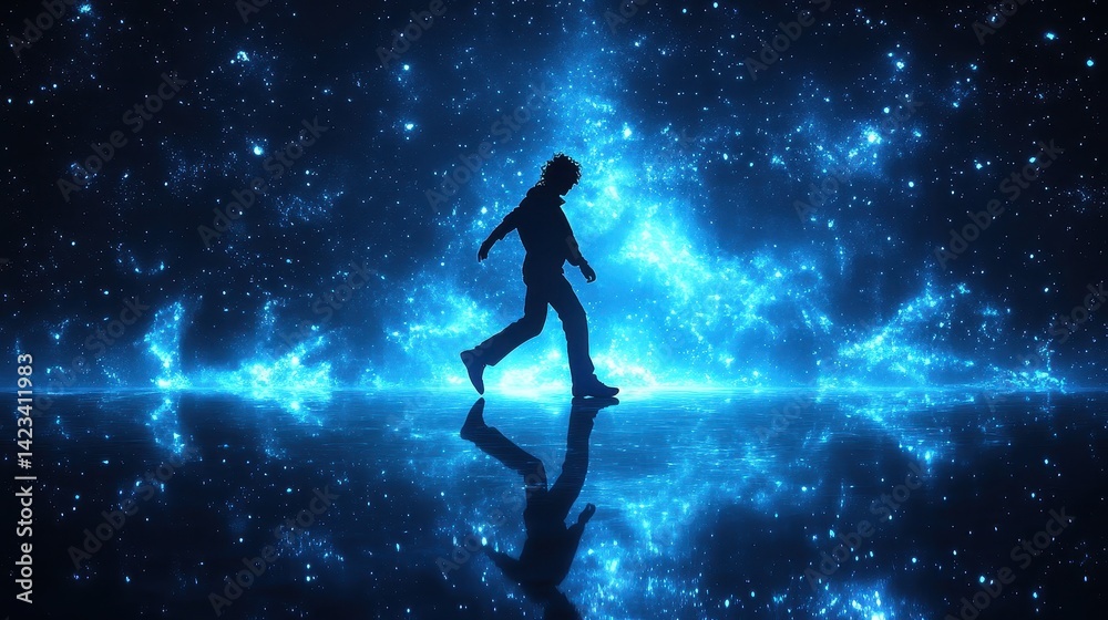 Naklejka premium Silhouetted figure walks through a cosmic space, reflecting on an ethereal surface.