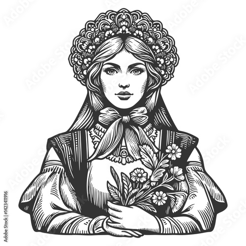 Russian woman in detailed folk costume and headscarve, Slavic heritage and cultural beauty in vintage style sketch engraving generative ai vector illustration. Scratch board. Black and white.