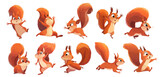 red squirrels cartoon set. brown squirrel, funny amusing cheerful kind cute character jumping running sitting wild forest animal vector illustration