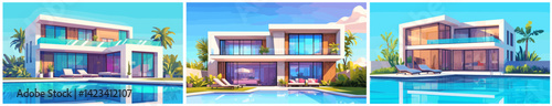 pool villa facade. luxury white minimalist modern summer house, high-tech hotel tropical vacation glass chaise lounge palm trees vector illustration