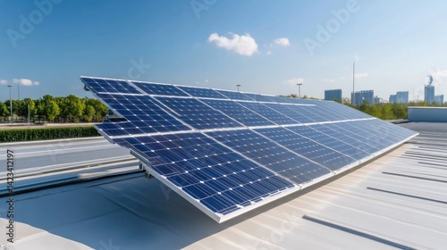 Solar panels installed on a rooftop under a clear blue sky.  Panels are dark blue and mounted on a light gray metal roof.  Green trees and a city skyline are visible in the background