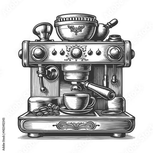 classic espresso machine with a grinder on top, brewing coffee into a cup, surrounded by beans sketch engraving generative ai vector illustration. Scratch board imitation. Black and white image.