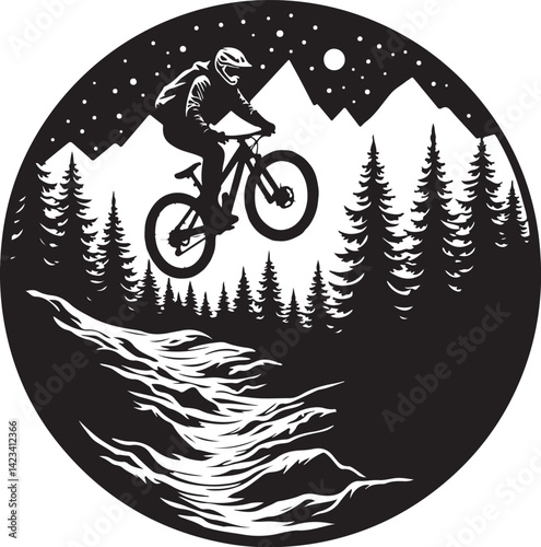 Adventure Mountain Biking Silhouettes with Pine Forest and Alpine Scenery