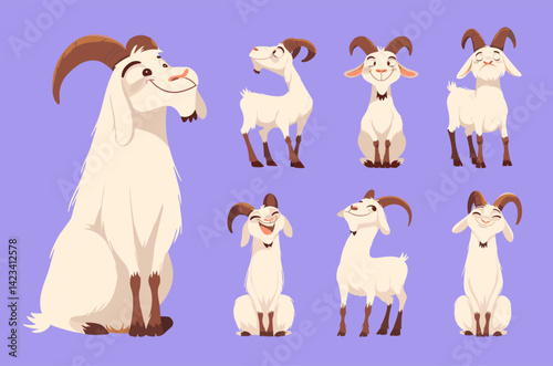 white goats cartoon set. kind goat, domestic rural village horned stands sits character vector illustration