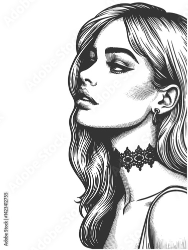fashionable woman in profile, wearing a lace choker and exuding calm confidence sketch engraving generative ai fictional character vector illustration. Scratch board imitation. Black and white image.