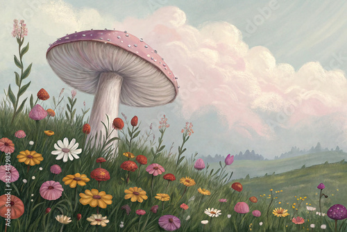 A painting of a mushroom in a field of flowers. Generative AI image.