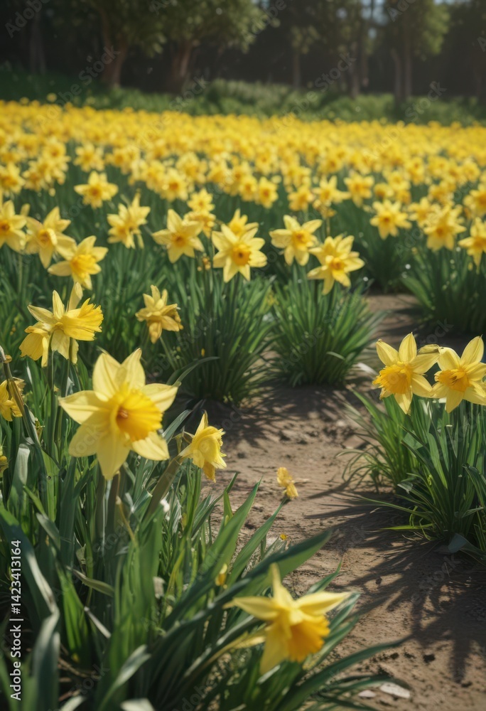 Fototapeta premium Sunlit daffodils burst forth in vibrant yellow against a verdant field , green field, nature photography, botany