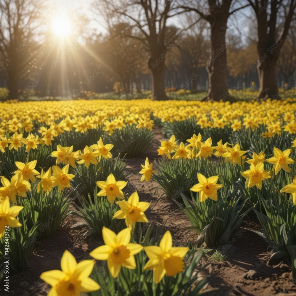 Obraz premium Sunlit field of vibrant yellow daffodils in full bloom , bloom, yellow