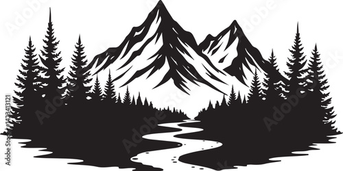 Adventure Mountain Biking Silhouettes with Pine Forest and Alpine Scenery