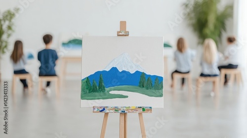 Childrens' painting class, mountain landscape