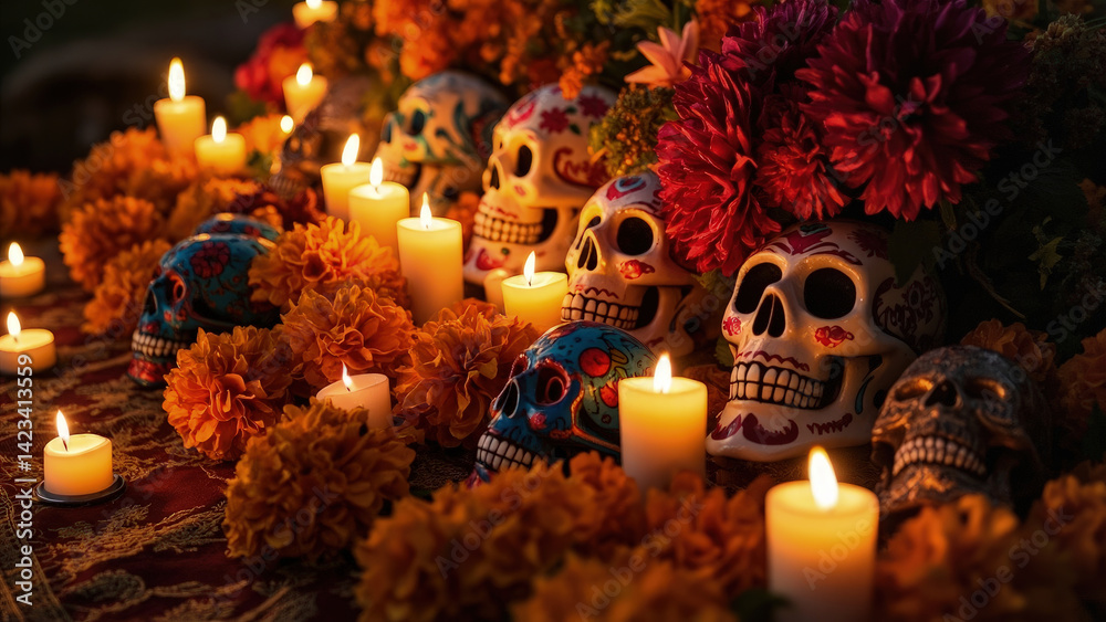 A vibrant Day of the Dead altar with skulls, candles, and flowers, evoking remembrance and celebration. The skulls are artistically decorated, surrounded by burning candles and colorful blossoms. A vibrant Day of the Dead altar with skulls, candles, and flowers, evoking remembrance and celebration. The skulls are artistically decorated, surrounded by burning candles and colorful blossoms.