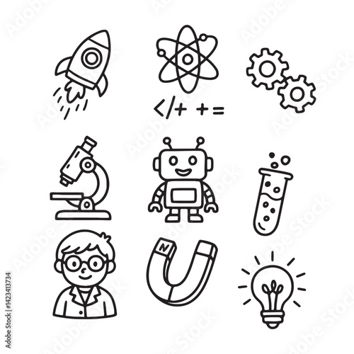 Hand-Drawn Black & White STEM Icons for Kids – Fun Science Experiments