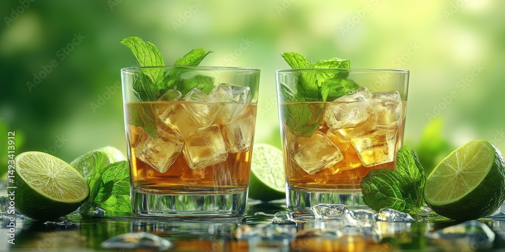 Refreshing drinks with mint and lime on a sunlit table during a warm afternoon gathering