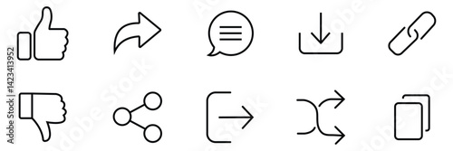 Social Media react icon Set.  Like, dislike, comment,  Reactions, Chat, share, save, download, copy and more icons. vector illustration. 