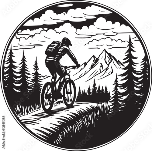 Adventure Mountain Biking Silhouettes with Pine Forest and Alpine Scenery