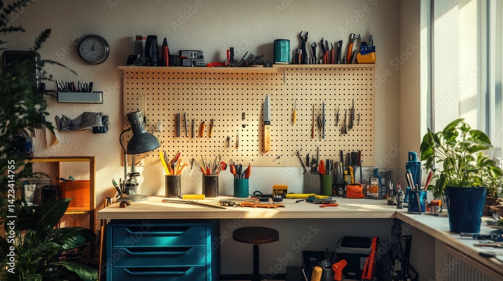 Wall-mounted pegboard displaying small tools next to labeled drawers