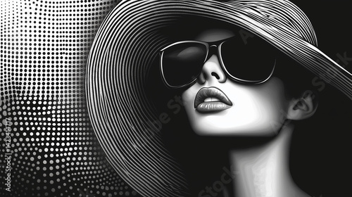 Schwarzweiß Bild einer Frau mit Hut und Sonnenbrille im Raster Drucktechnik Verfahren