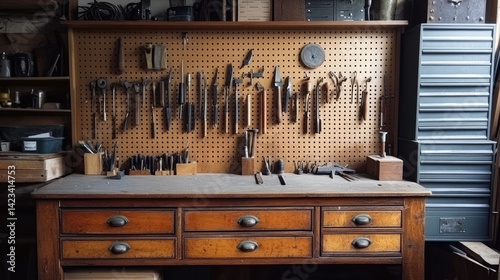Wall-mounted pegboard displaying small tools next to labeled drawers