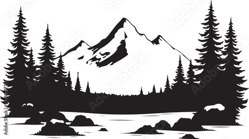Adventure Mountain Biking Silhouettes with Pine Forest and Alpine Scenery