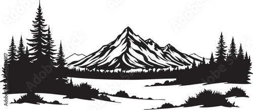 Adventure Mountain Biking Silhouettes with Pine Forest and Alpine Scenery