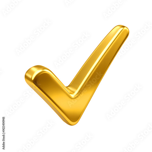 3d golden tick. A shiny gold tick mark, often symbolizing confirmation or correct choice
