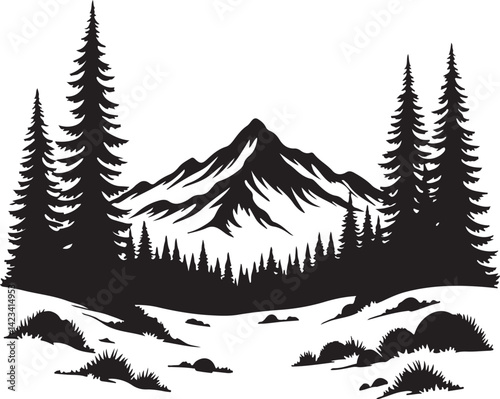 Adventure Mountain Biking Silhouettes with Pine Forest and Alpine Scenery