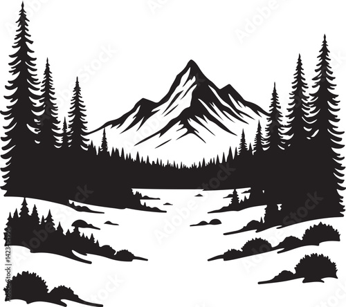 Adventure Mountain Biking Silhouettes with Pine Forest and Alpine Scenery