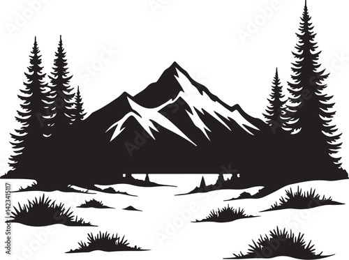 Adventure Mountain Biking Silhouettes with Pine Forest and Alpine Scenery