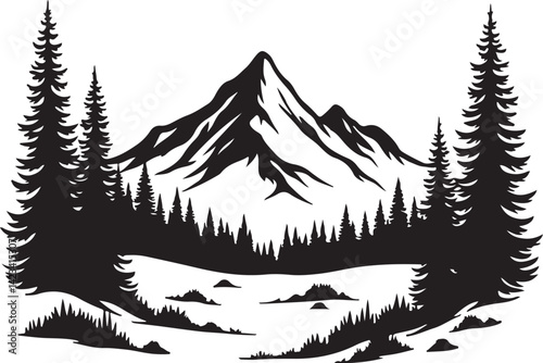 Adventure Mountain Biking Silhouettes with Pine Forest and Alpine Scenery