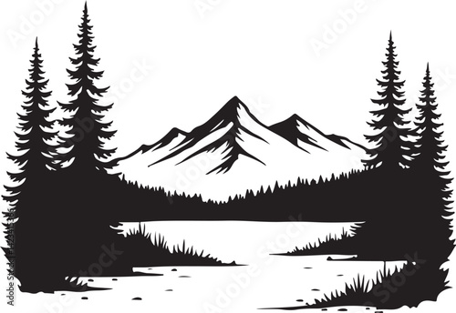 Adventure Mountain Biking Silhouettes with Pine Forest and Alpine Scenery