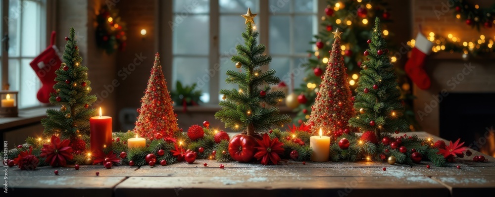Wooden table with decorated center featuring Christmas trees, garlands, and stockings, festive decor, cozy home decor Wooden table with decorated center featuring Christmas trees, garlands, and stockings, festive decor, cozy home decor