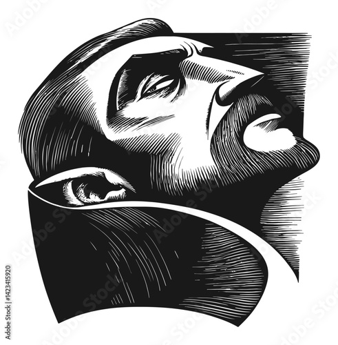 Dramatic Black and White Linocut Style Portrait of a Man